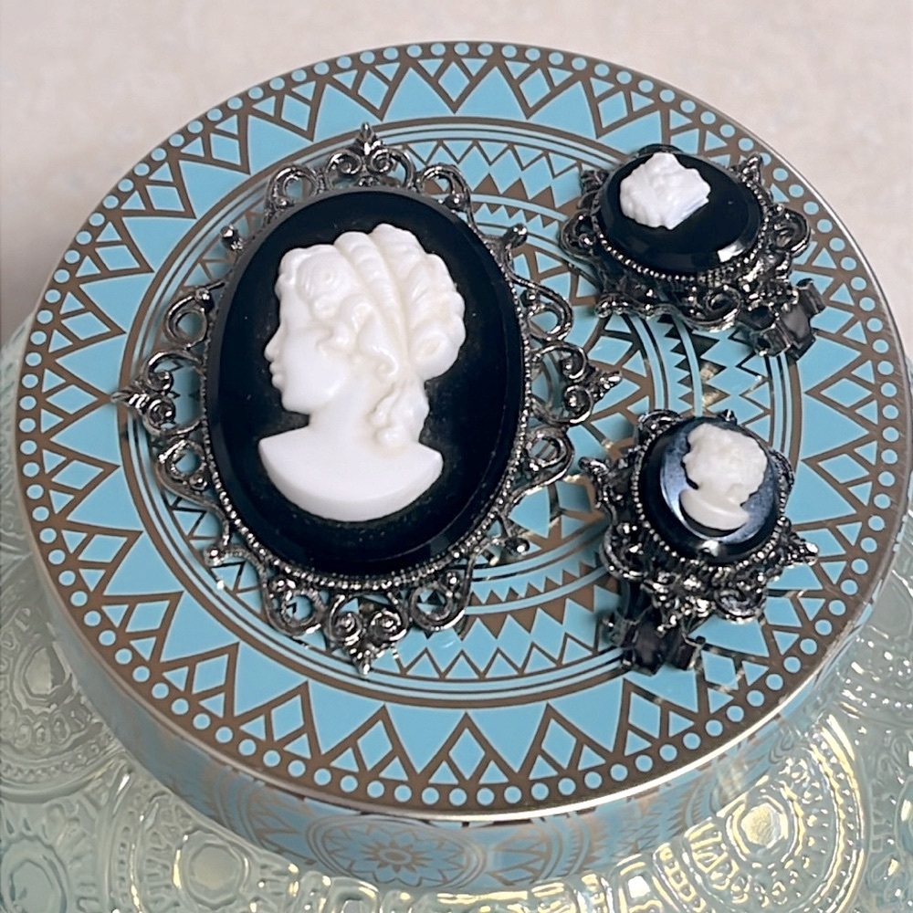 Vintage Set Black and White Cameo Necklace Clip on earrings Pendant Brooch